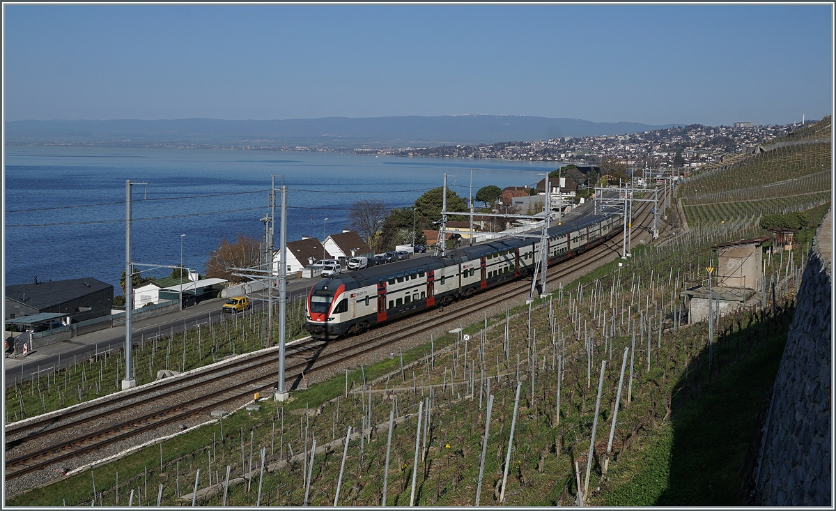 Ein SBB RABe 511 ist kurz nach Cully auf dem Weg nach Annemasse. 
1. April 2021