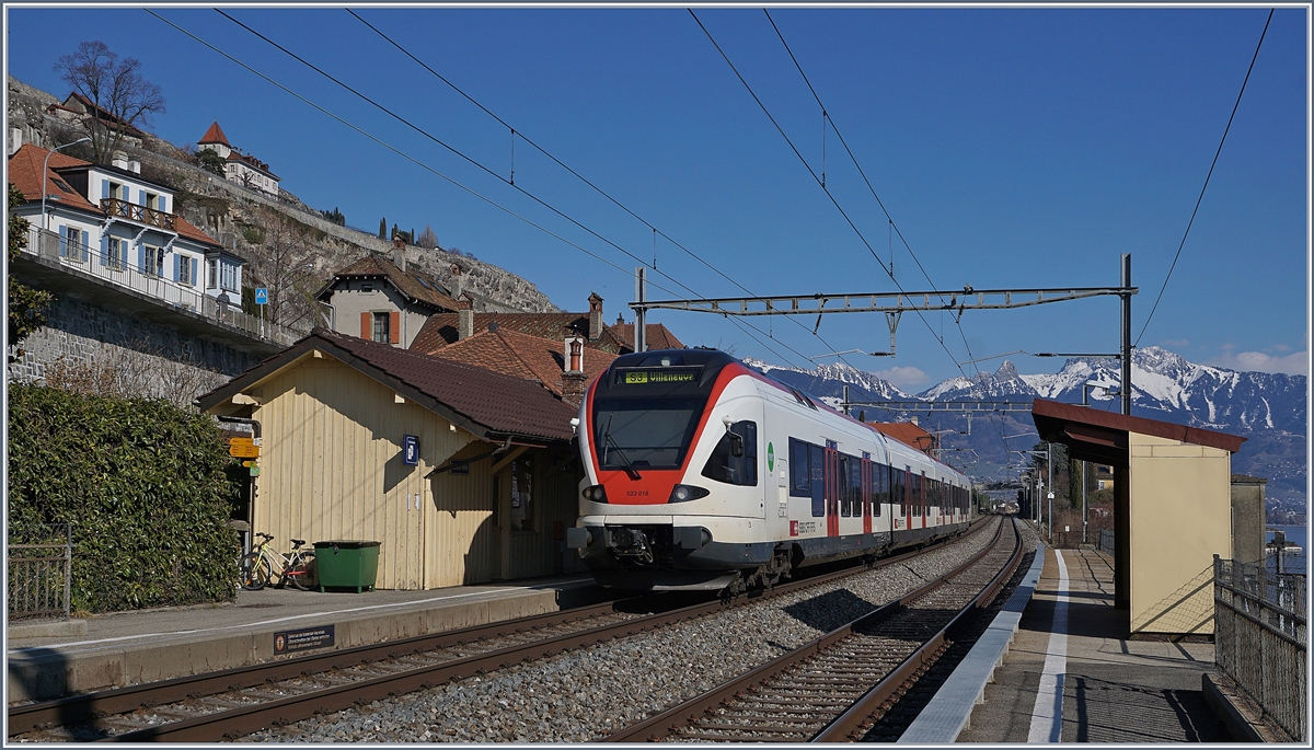 Ein SBB RABe 523 als S 3 nach Villeneuve in St-Sasphorin. 

24. März 2018