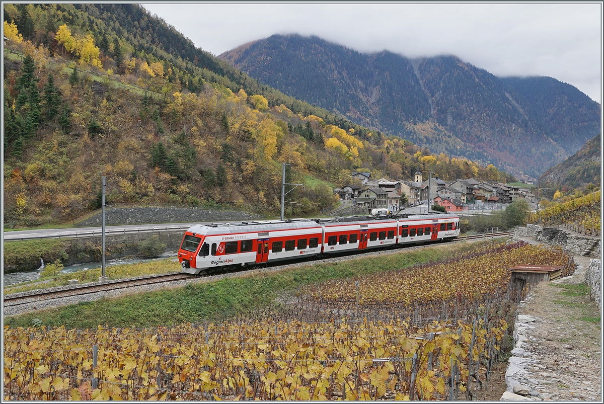 Ein TMR Region Alps RABe 525 NINA ist bei Bovernier auf dem Weg nach Le Chable. 

5. Nov. 2020