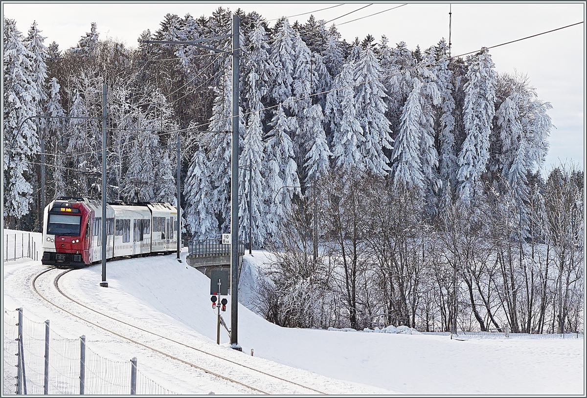 Ein TPF Regionalzug ist kurz vor Vaulruz auf dem Weg nach Bulle. 

23. Dez. 2021