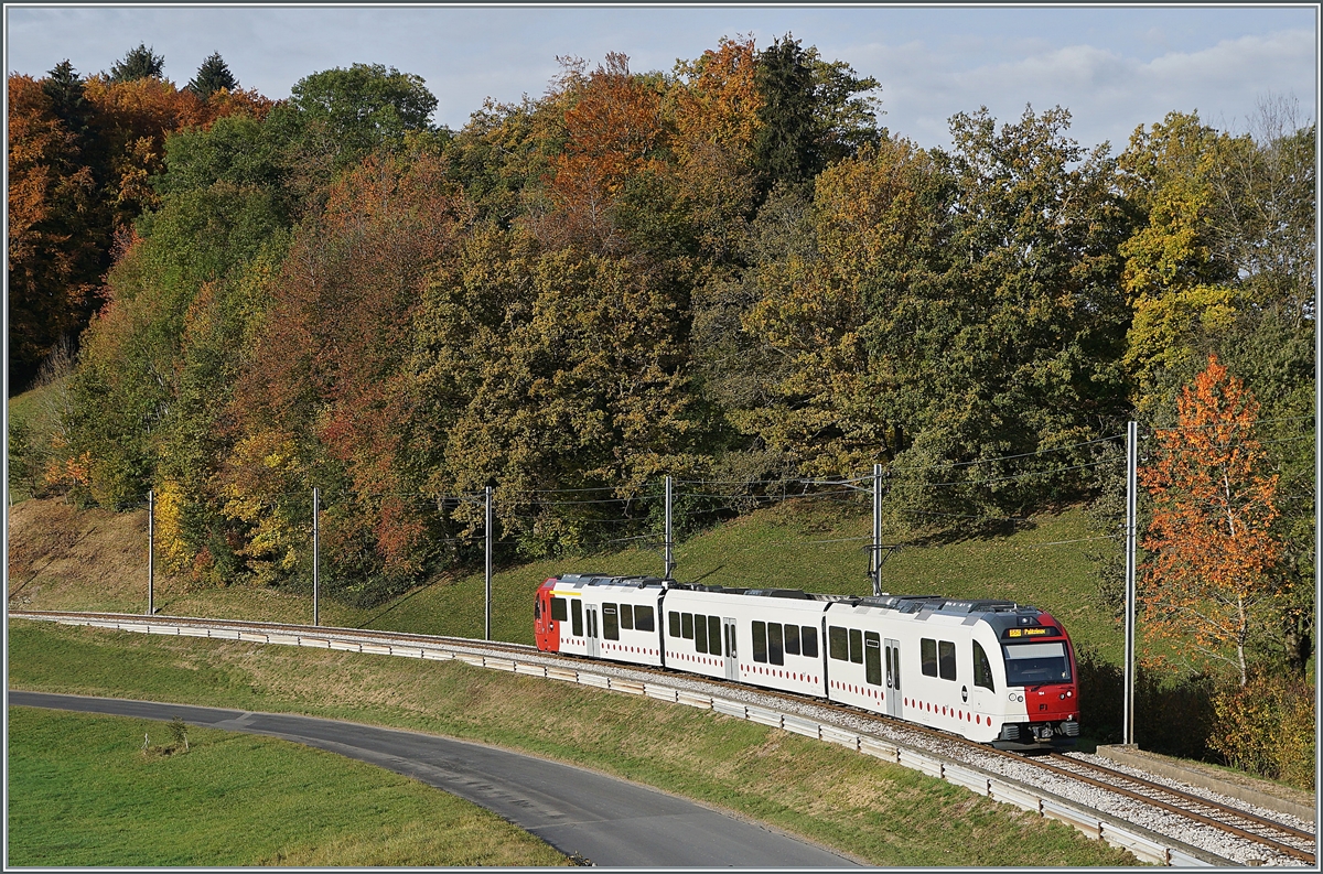 Ein TPF SURF Regionalzug von Palézieux nach Bulle zwischen Châtel St-Denis und Semsales. 22. Okt. 2020