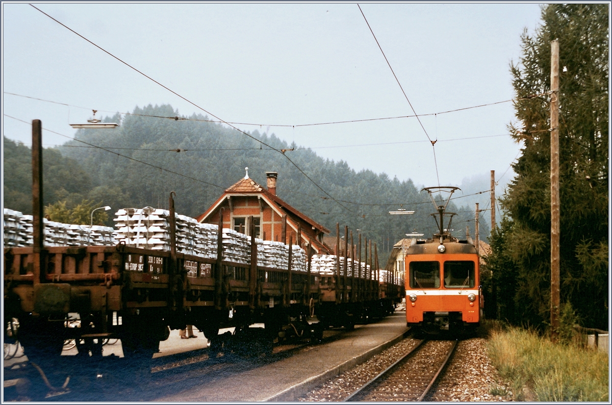 Ein WSB Reionalzug nach Aarau hat den Bahnhof Gränichen erreicht, wo bereits die De 4/4 mit ihrem Güterzug auf den Weiterfahrt nach Menziken wartet.

4. Sept. 1984