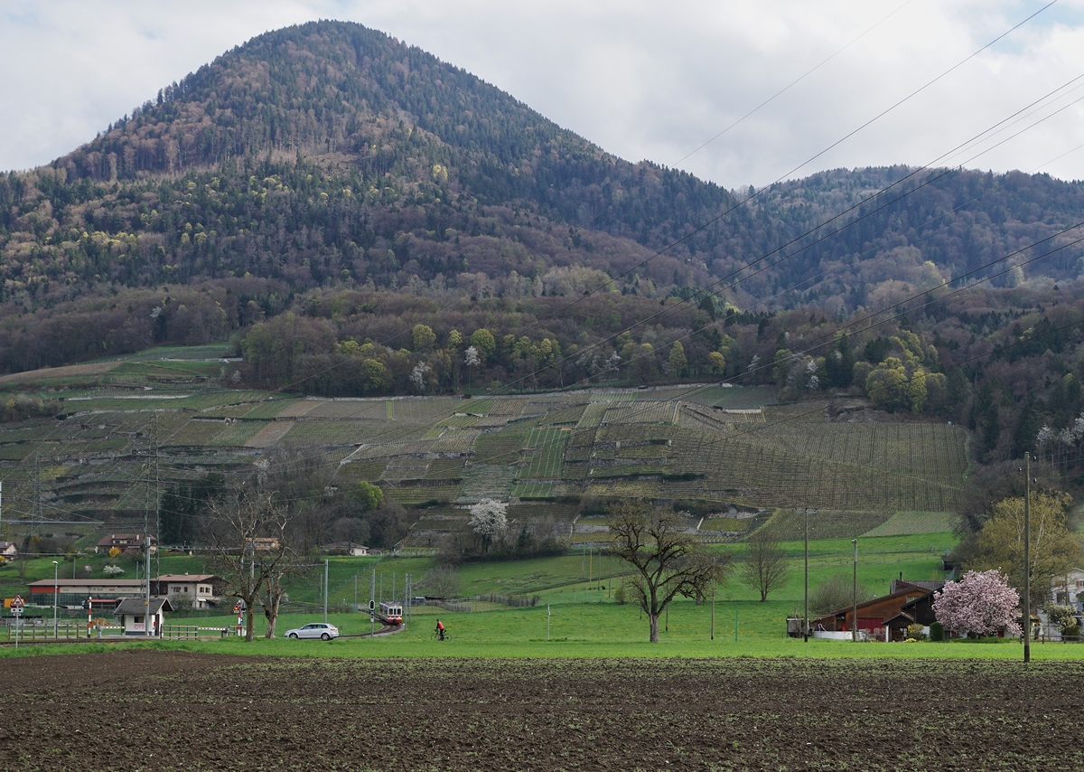 Ein Zugsuchbild: Der BDe 4/4 102 mit seinen Bt 134 an der Spitze erreicht bei Villy die  Rohneebene.

7. April 2016