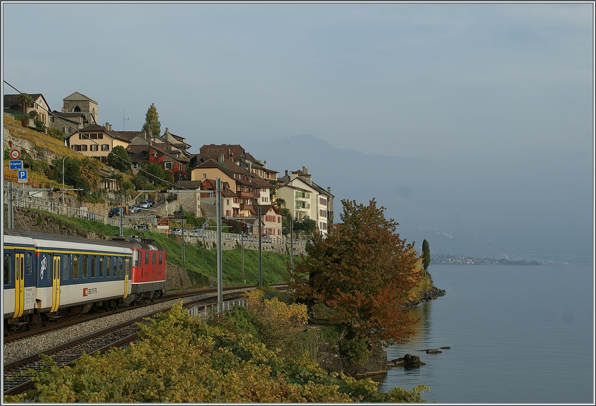 Eine Re 4/4 II mit EW I auf der Fahrt Richtung Vevey bei St-Saphorin. 

25. Okt. 2012  