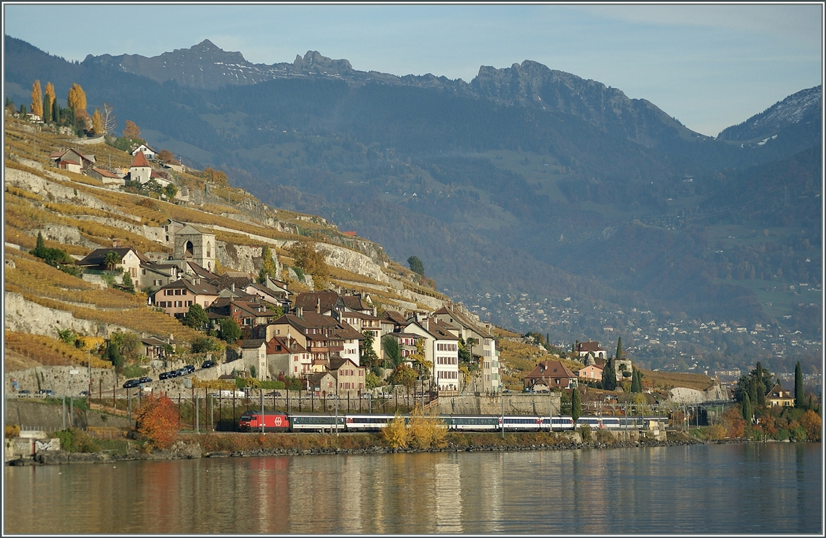 Eine Re 460 mit einem IR Brig- Genève Aéroport bei St-Saphorin.
4. Nov. 2010