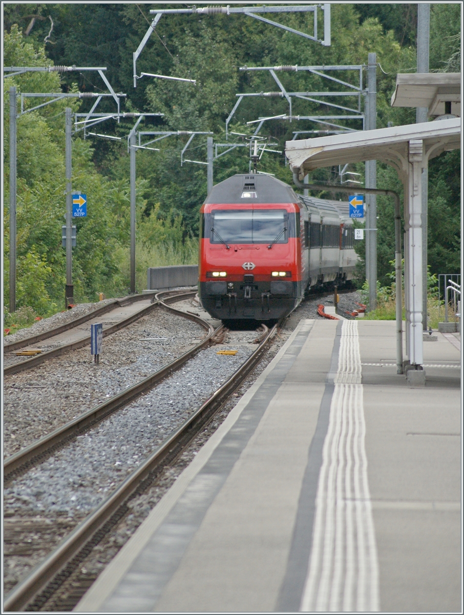 Eine SBB Re 460 erreicht mit ihrem IR 90 von Brig nach Genève-Aéroport Burier. 

7. Sept. 2022