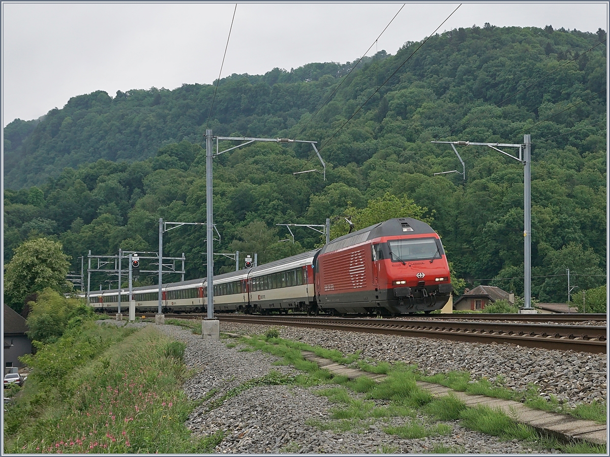 Eine SBB Re 460 mit einen IR 90 auf der Fahrt von Brig nach Genève Aéroport kurz nach St-Maurice. 

14. Mai 2020