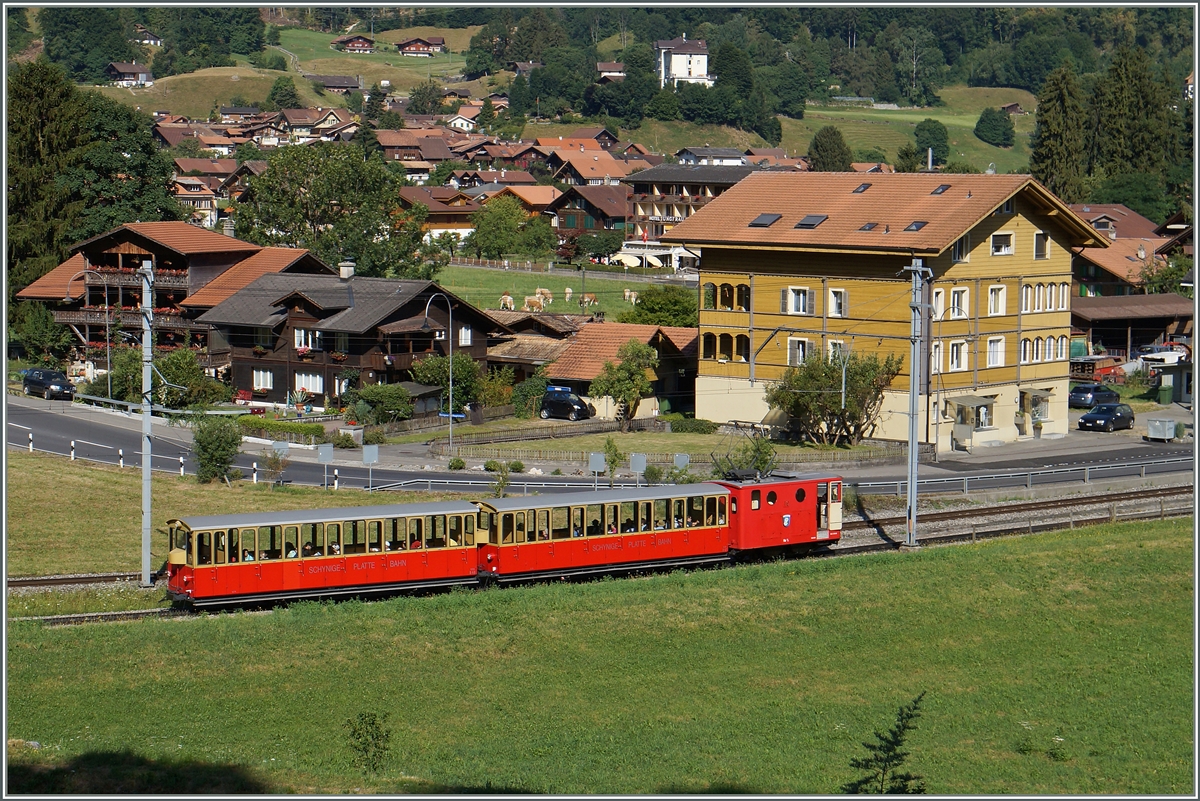 Eine SPB HGe 2/2 hat Wilderswill verlassen und schiebt nun ihren Zug Berwärts.
12. Juli 2015