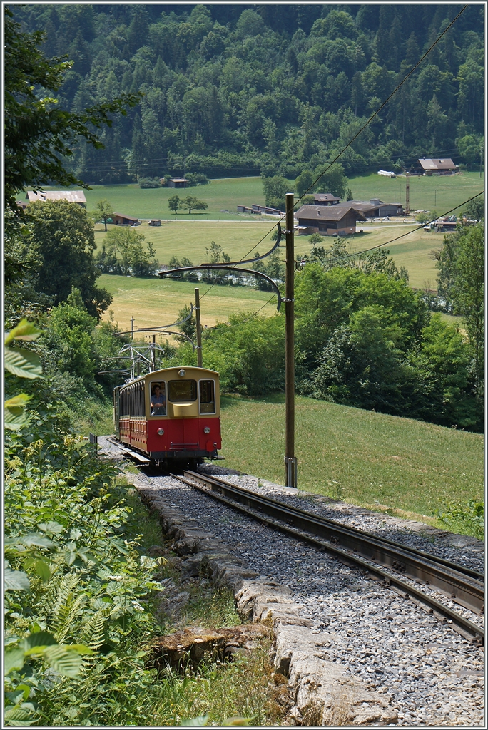 Eine SPB HGe 2/2 hat Wilderswill verlassen und schiebt nun ihren Zug Berwärts.
12. Juli 2015