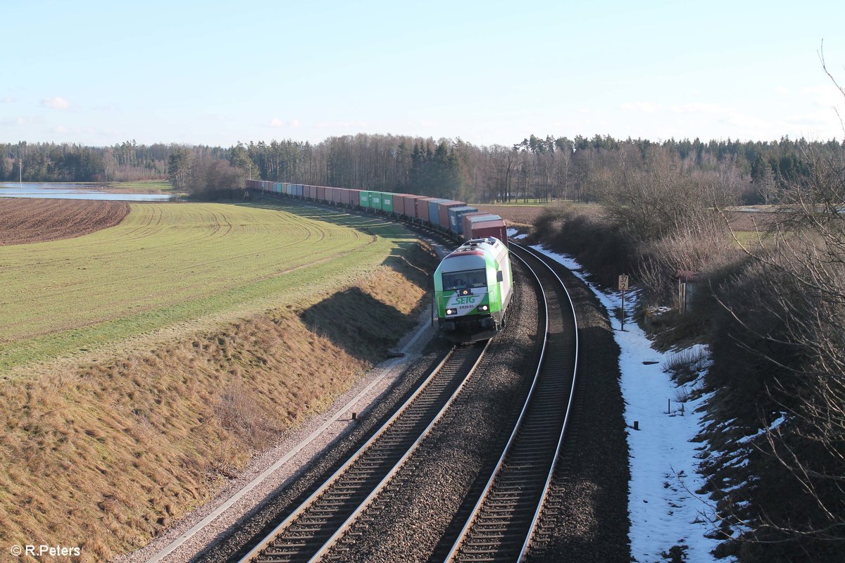 ER20-01 alais 223 101 zieht den Wiesau Containerzug von Wiesau nach Hof/Hamburg bei Oberteich. 30.01.18