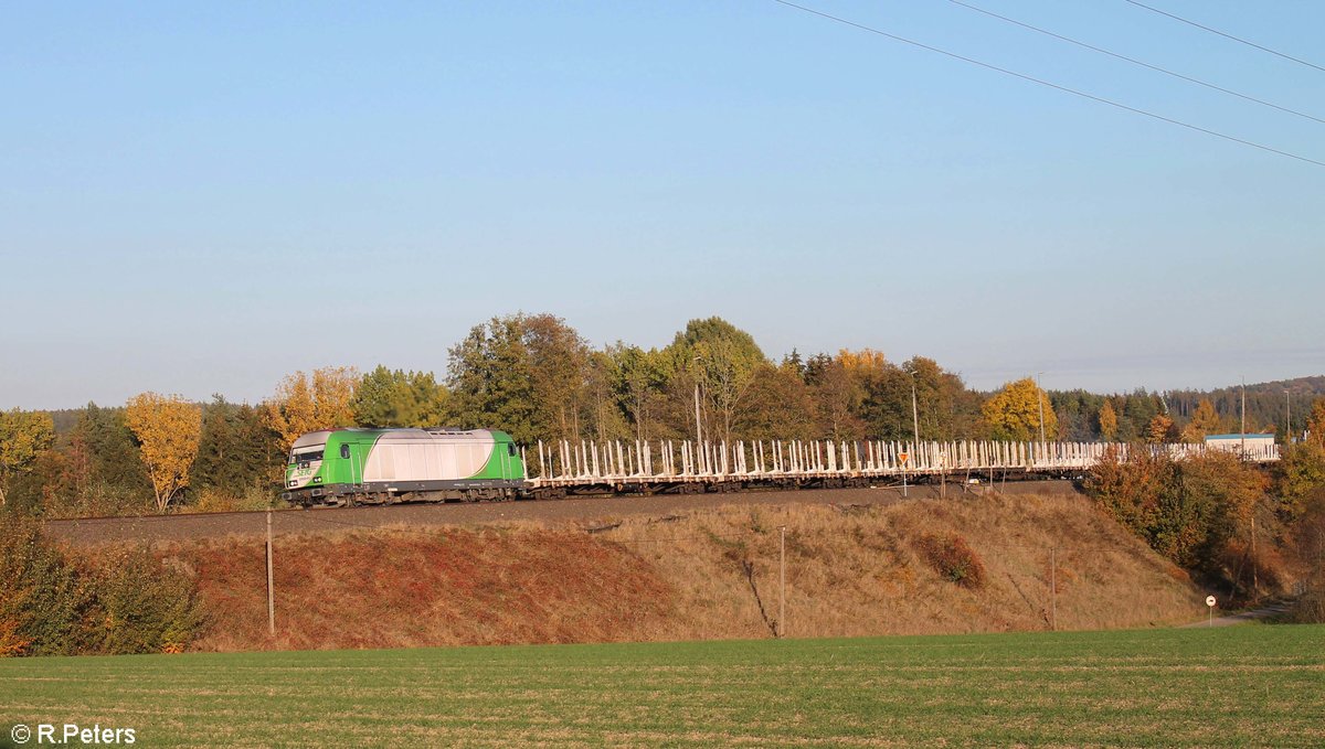 ER20-01 zieht bei Pechbrunn ein leeren Holzzug von Regensburg nach Cheb. 12.10.18