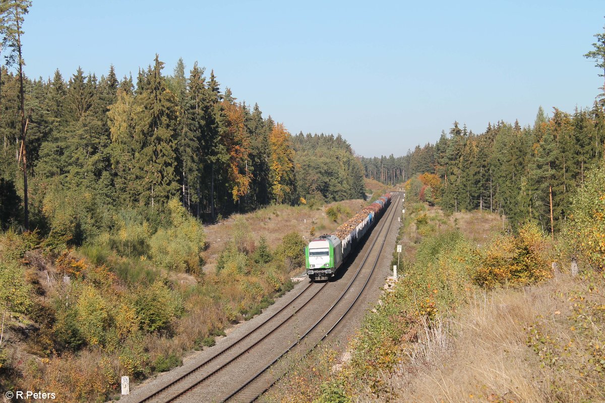 ER20 alias 223 101 zieht kurz vor Oberteich ein Holzzug von Cheb nach Wiesau. 12.10.18