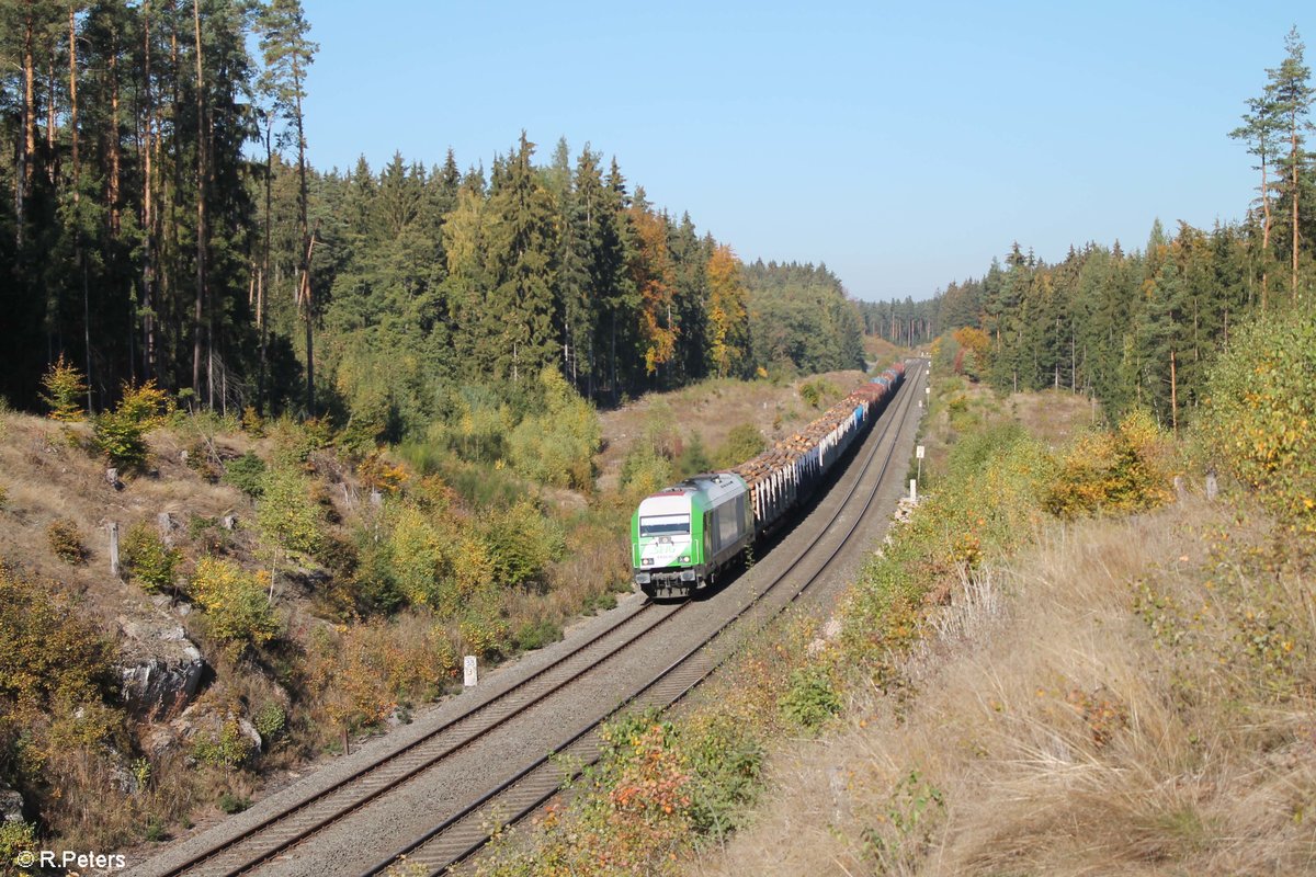 ER20 alias 223 101 zieht kurz vor Oberteich ein Holzzug von Cheb nach Wiesau. 12.10.18