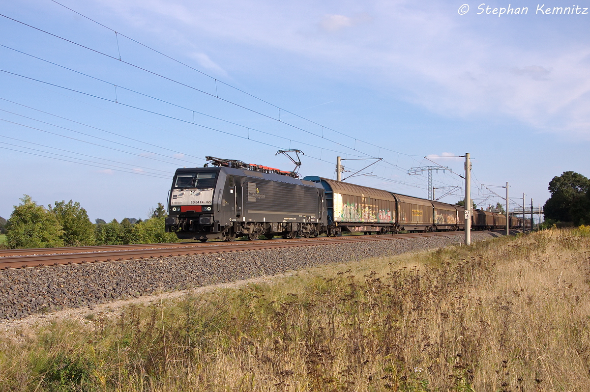 ES 64 F4 - 027 (189 927-7) MRCE Dispolok GmbH fr TXL - TX Logistik AG mit einem H-Wagen Ganzzug von Treviso(Italien) nach Rostock-Seehafen in Vietznitz. 14.09.2013