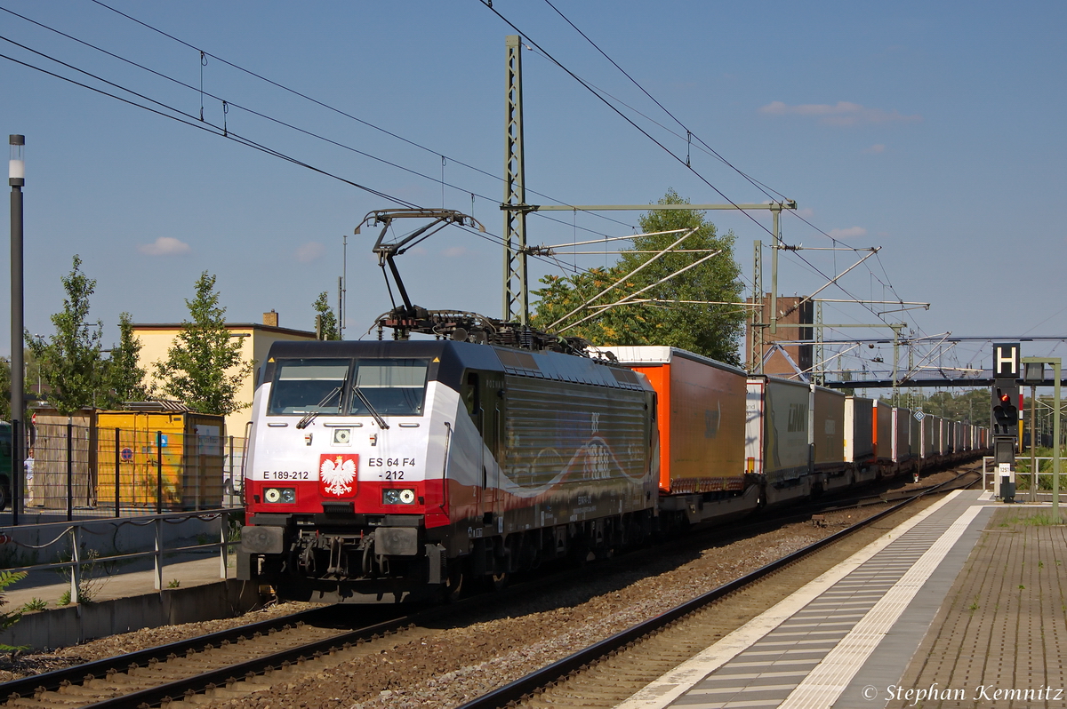 ES 64 F4 - 212 (189 212-4) MRCE Dispolok GmbH für ERSR - ERS Railways B.V. mit einem KLV-Shuttle auf der Relation Poznan - Rotterdam, bei der Durchfahrt in Brandenburg. 17.07.2014 