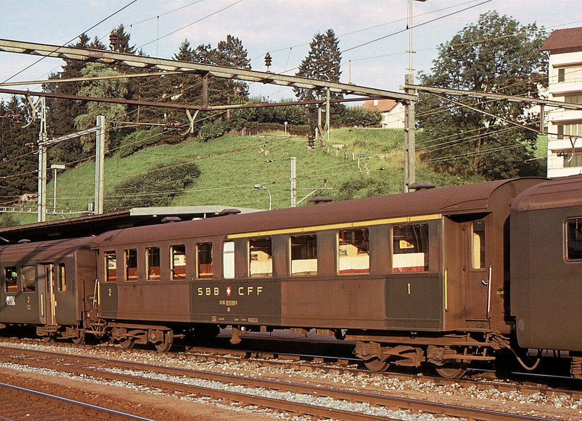 Es ist unerhört schwierig, detaillierte Angaben zu den Altbauwagen der SBB zu finden. Es gab einst eine sehr grosse Zahl solcher Wagen, und viele wurden - oft mehrmals - umgebaut oder total neu aufgebaut. Der Wagen 39-03 108 ist in Moutier abgebildet; er wiegt 35 t und dürfte aus der Serie 4301-4319 von 1930 stammen. 22.Juli 1975 (1972 waren noch 13 dieser Wagen in genieteter Bauweise vorhanden) 