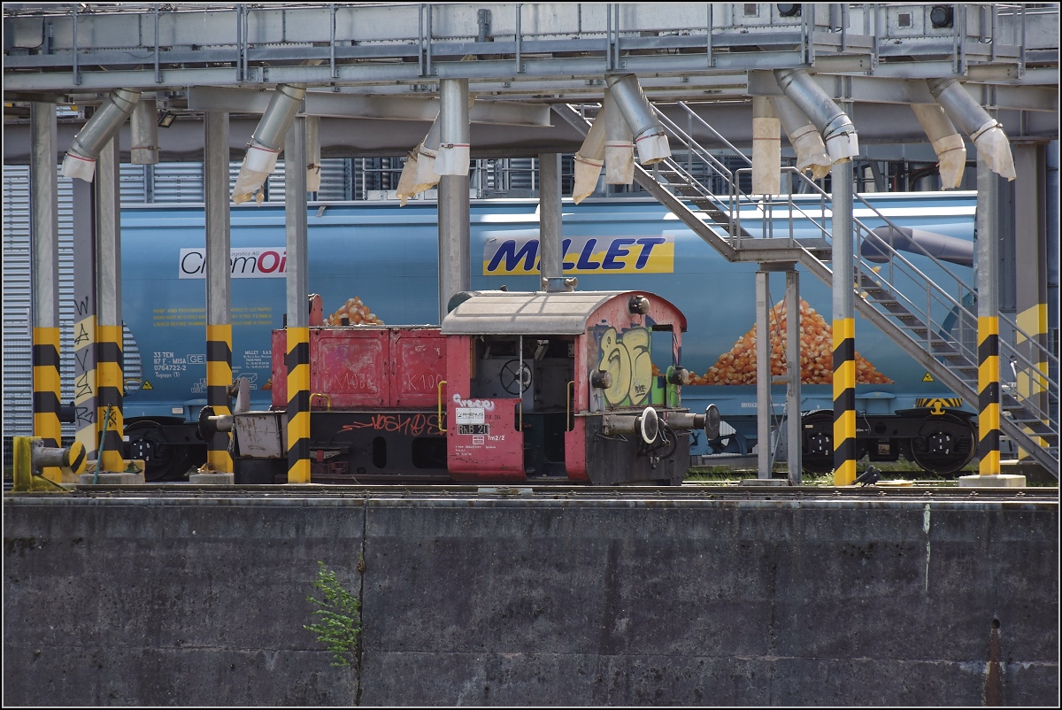 Etwas versteckt ist die ehemalige Haltinger Köf II 323 806-0 noch im Hafen Kleinhüningen zu finden. Auch wenn sie seit 2016 ausser Betrieb ist, so war ihr doch ein längeres Leben beschieden als den meisten ihrer Kolleginnen. Folglich Köf II-Freunde aufgepasst. Das Exemplar könnte verfügbar sein. Ein Kuriosum ist die Nummer RhB 20, denn diese Nummer ist auch von der Rhätischen Bahn für einen Schmalspur-Rangiertraktor vergeben, ein Jux der Mitarbeiter? Die Hauptuntersuchungen in der Schweiz wurden immerhin in der RhB Hauptwerkstätte gemacht. In Dienst kam die 1960 von der Firma Jung unter der Fabriknummer 13174 gebaute Lok als Köf 6736 bei der DB. Kleinhüningen, April 2018.