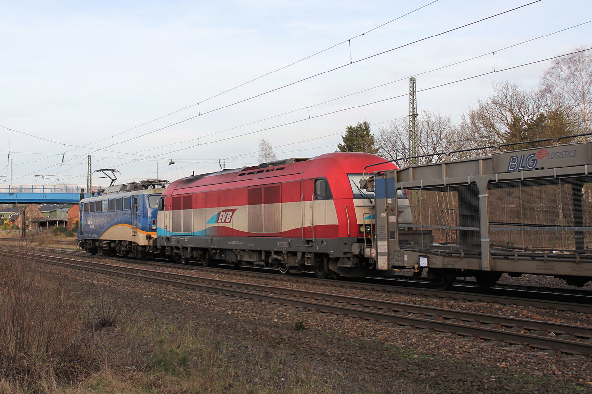 evb 140 759-2 mit evb 223 033 und einen leeren Ganzzug der  BLG LOGISTICS , am 31.03.2017 in Tostedt.