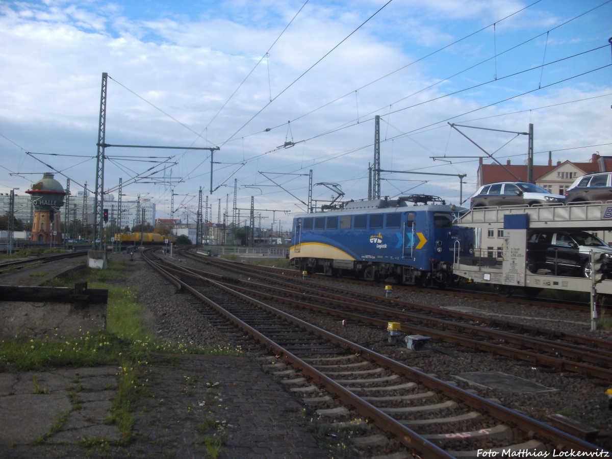 EVB 140 774-1 mit einem Autotransportzug beim verlassen des Bahnhofs Halle (Saale) Hbf am 9.10.14