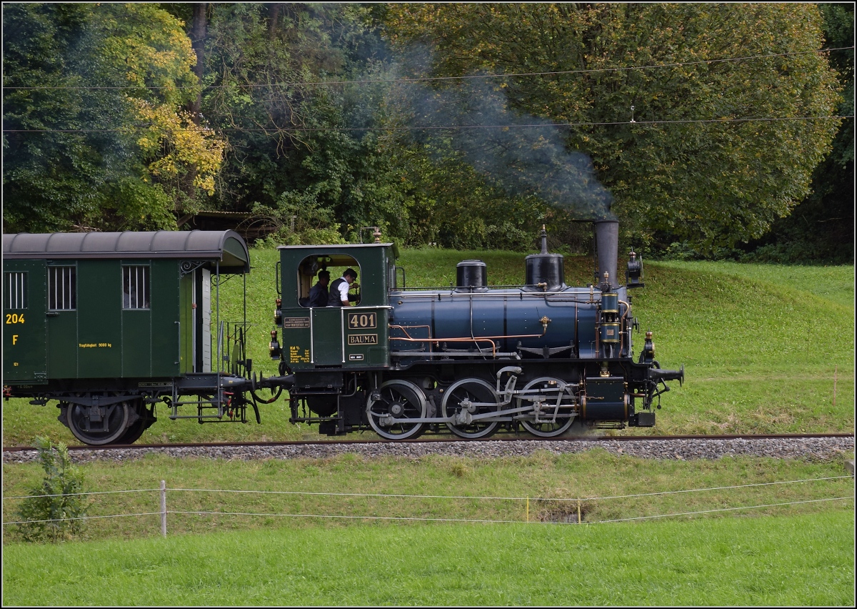 Fahrtag DVZO mit 120-jähriger Lady.

Ed 3/3 401 'Bauma' in Neuthal. Oktober 2021.