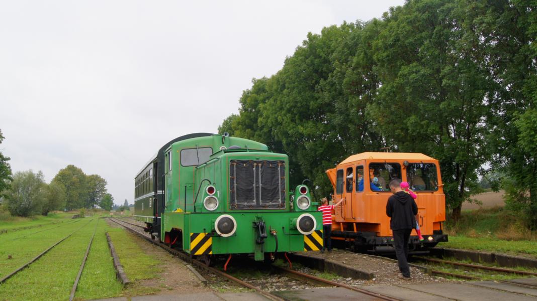 Fahrzeuge des Klein- und Privatbahnmuseums Gramzow auf vereinseigener Strecke im Bahnhof Damme.