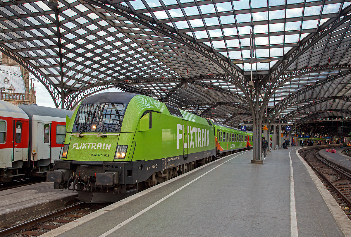 Frh morgens im Hbf Kln....
Die MRCE Dispolok ES 64 U2-005 bzw. 182 505-8 steht am 22.05.2018 im Hbf Kln mit dem (FLX 1800) FlixTrain nach Hamburg-Altona zur Abfahrt bereit.

Die Siemens ES 64 U2 wurde 2002 von Siemens in Mnchen unter der Fabriknummer 20561 gebaut. Seit 2008 trgt sie die NVR-Nr. 91 80 6182 505-8 D-DISPO. Ab Mrz 2018 ist sie von der BTE BahnTouristikExpress GmbH in Nrnberg fr den FlixTrain angemietet, denn die BTE stellt das Rollmaterial fr den FlixTrain, wie zuvor auch schon fr den HKX (Hamburg-Kln-Express).
