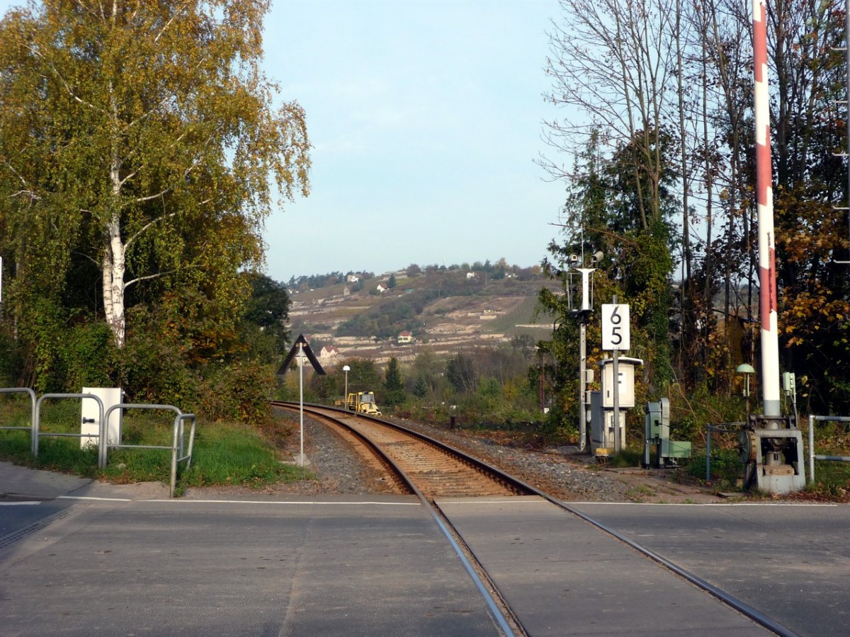F�r den Bau des neuen Haltepunktes in Freyburg wurde der Wildwuchs rechts neben dem Gleis entfernt. Somit wird der Blick frei auf die Weinberge bei Freyburg. Rechts stand �brigens bis zum Fr�hjahr 2009 das W�rterh�uschen des bis dahin handbedienten Bahn�berganges Posten 3; 28.10.2011 (Foto: Klaus Pollm�cher)