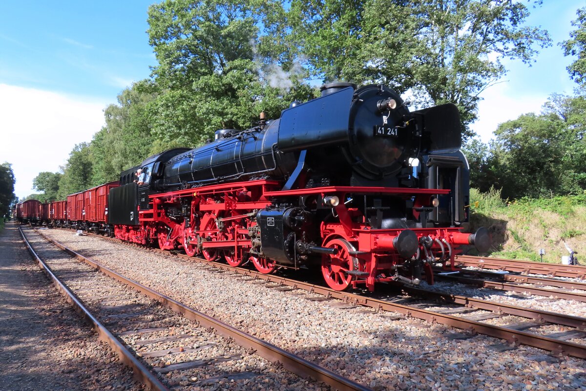 Gerade rechtzeitig betriebsfähig ist 41 241 der VSM geworden und am sonnigen 3.September 2023 strahlt sie im vollen Pracht beim Einfahrt in Loenen mit ein Fotoguterzug während terug naar Toen, dass grösste Dampflokfestival der Niederlande.