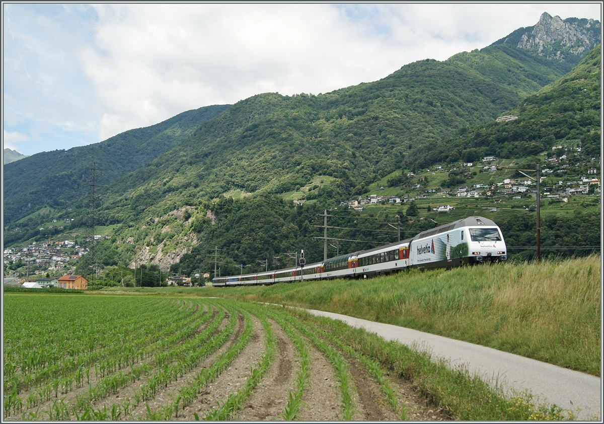 Gotthardbahn mal flach: in der Magadinoebene, dem tiefsten Punkt der Schweiz verläuft die Gotthardbahn Stichstrecke von und nach Locarno auf einigen Kilometer recht flach, nur der Damm zum Anstieg zur Ticinio Brücke nötigt die Re 460 etwas mehr Karft zu entfallten. 
21. Juni 2015