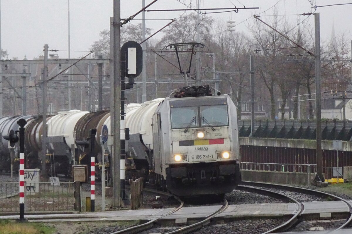 Grau ist den 17.Dezember wann Lineas 186 291 mit ein KLV bei Venlo-Vierpaardjes der Fotograf vorbei fahrt.