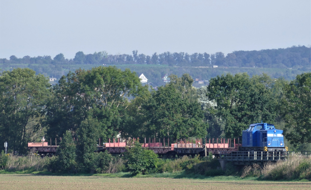 G�terverkehr auf der Unstrutbahn. Die PRESS 204 033 (92 80 1202 817-3 D-PRESS) ist mit ein paar Rungenwagen von Karsdorf nach Naumburg und dann weiter in Richtung Gro�korbetha unterwegs. Die Saale bei Ro�bach ist �berquert, geich kommt das Esig von Naumburg Hbf, bei Ro�bach am 23.09.2021.