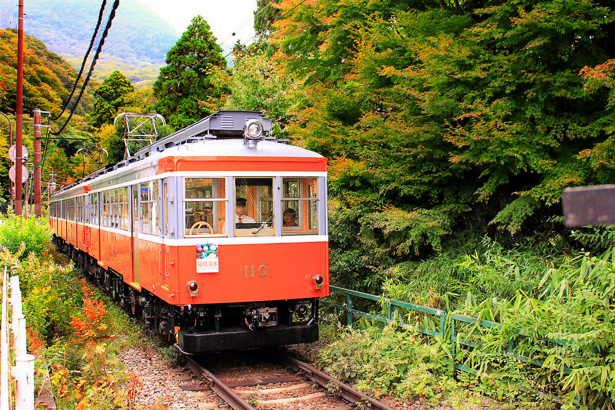 Hakone Tozan Bahn, Partnerbahn der RhB: Ein alter Zug mit den drei Triebwagen 110, 106 und 104 zwischen Gôra und Chôkoku no mori (Skulpturenwald). Wagen 110 gehört zur Serie 108-110, Baujahr 1927, 1955/56 modernisiert, 109 Abbruch 2021, 110 Abbruch 2017, 108 noch in Betrieb. 7.Oktober 2014.  