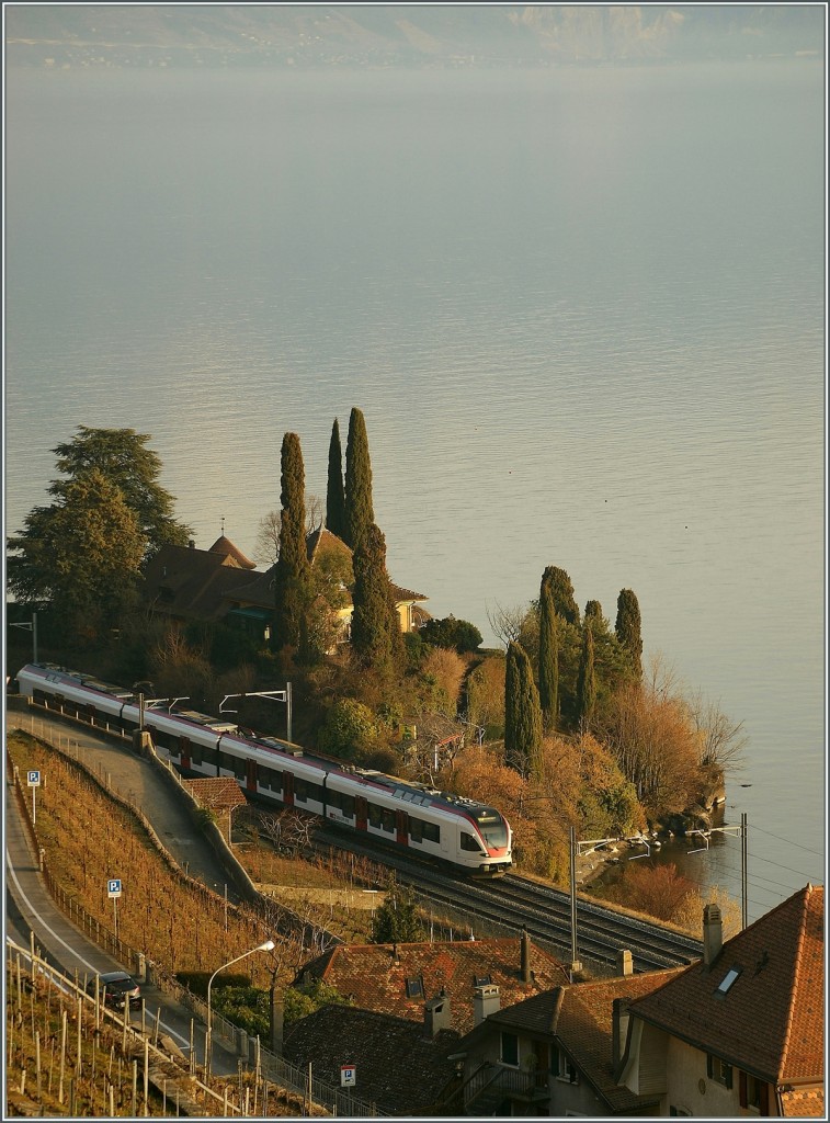 Herbststimmung im Lavaux (Mitten im Winter): Ein SBB Flirt RABe 523 bei St-Saphorin.

28. Februar 2011