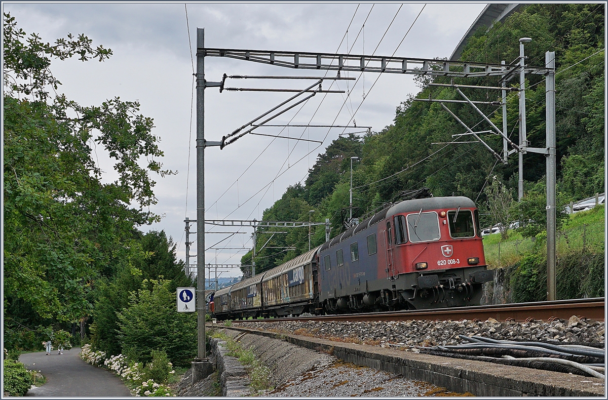 Hinter dem Chteau de Chillion (welches hier nicht zu sehen ist) verluft die Simplon Strecke von Lausanne nach Brig. Bei Bau wurde ernsthaft darber nachgedacht, das Chteau de Chillon abzutragen und den Baustein fr den Eisenbahnbahn zu verwenden! Im Bild die SBB Re 6/6 16008 (Re 620 008-3)  Wetzikon  mit einem Gterzug auf der Fahrt in Richtung Wallis.

15. Juli 2020