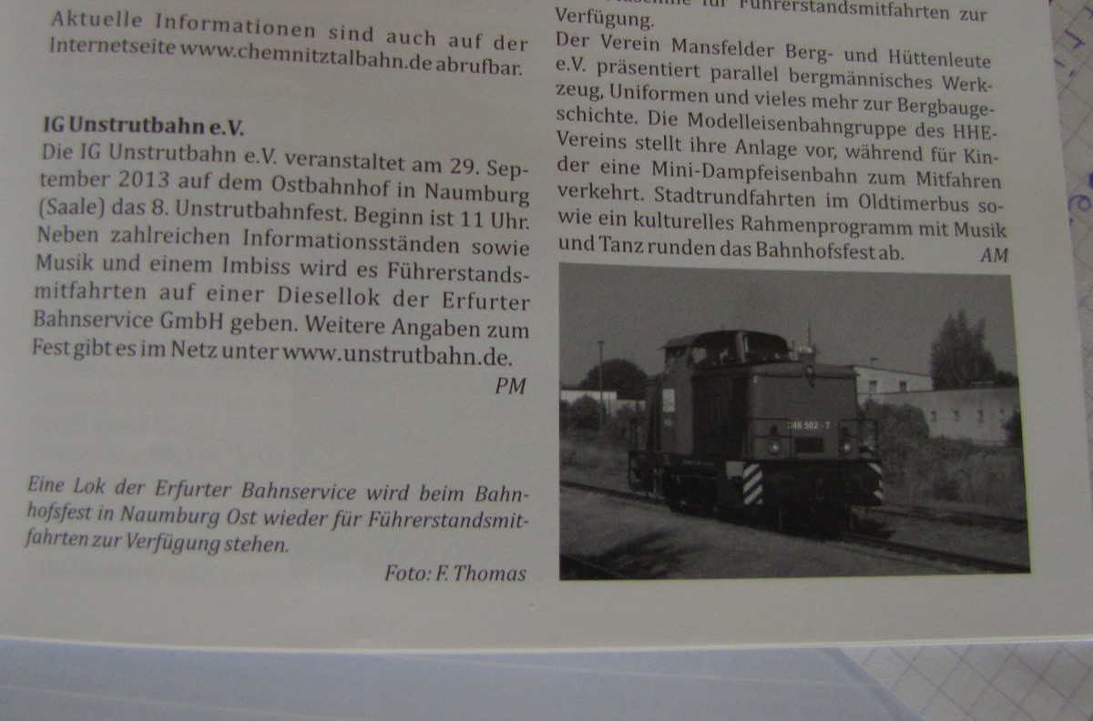 Hinweis im Pre�´Kurier auf unser 8. Unstrutbahnfest am 29.09.2013 in Naumburg Ost.