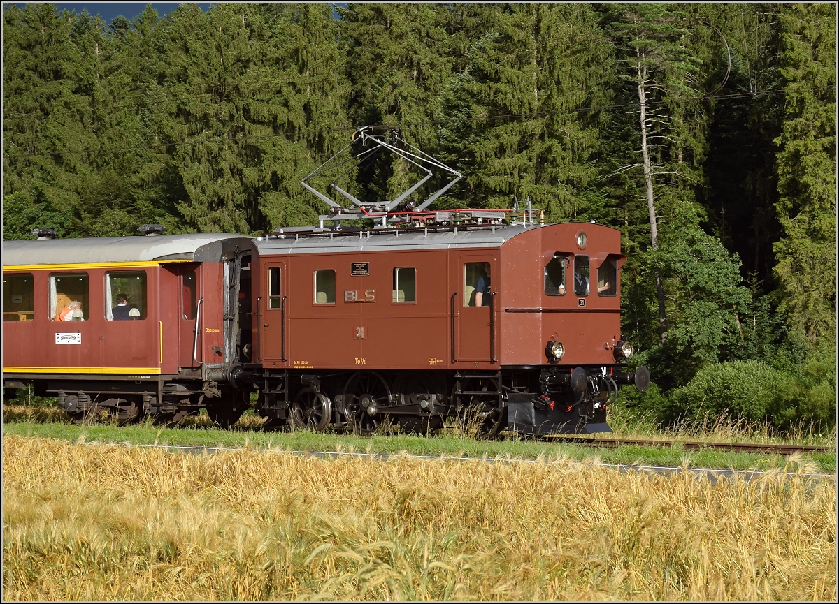 Hommage an eine schräge Schweizer Rennsemmel... Te 2/3 31 der BLS war ursprünglich weder Triebwagen noch Lok, sondern an einen Wagen fest gekoppelt und daher als CFe 2/6 784 bezeichnet. Nur zwei dieser seltsamen Gespanne wurden gebaut 1925 und als Halbesel bezeichnet, 1953 wurde die Triebeinheit getrennt und zu einer Rangierlok Te 2/3 umgebaut. Hier beim Zubringerdienst zum Bernischen Schwingfest. Unterwaltrigen, Juli 2017. 