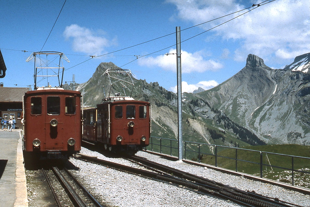 Im Juni 1990 stehen zwei He 2/2 in der Bergstation der Schynige Platte-Bahn