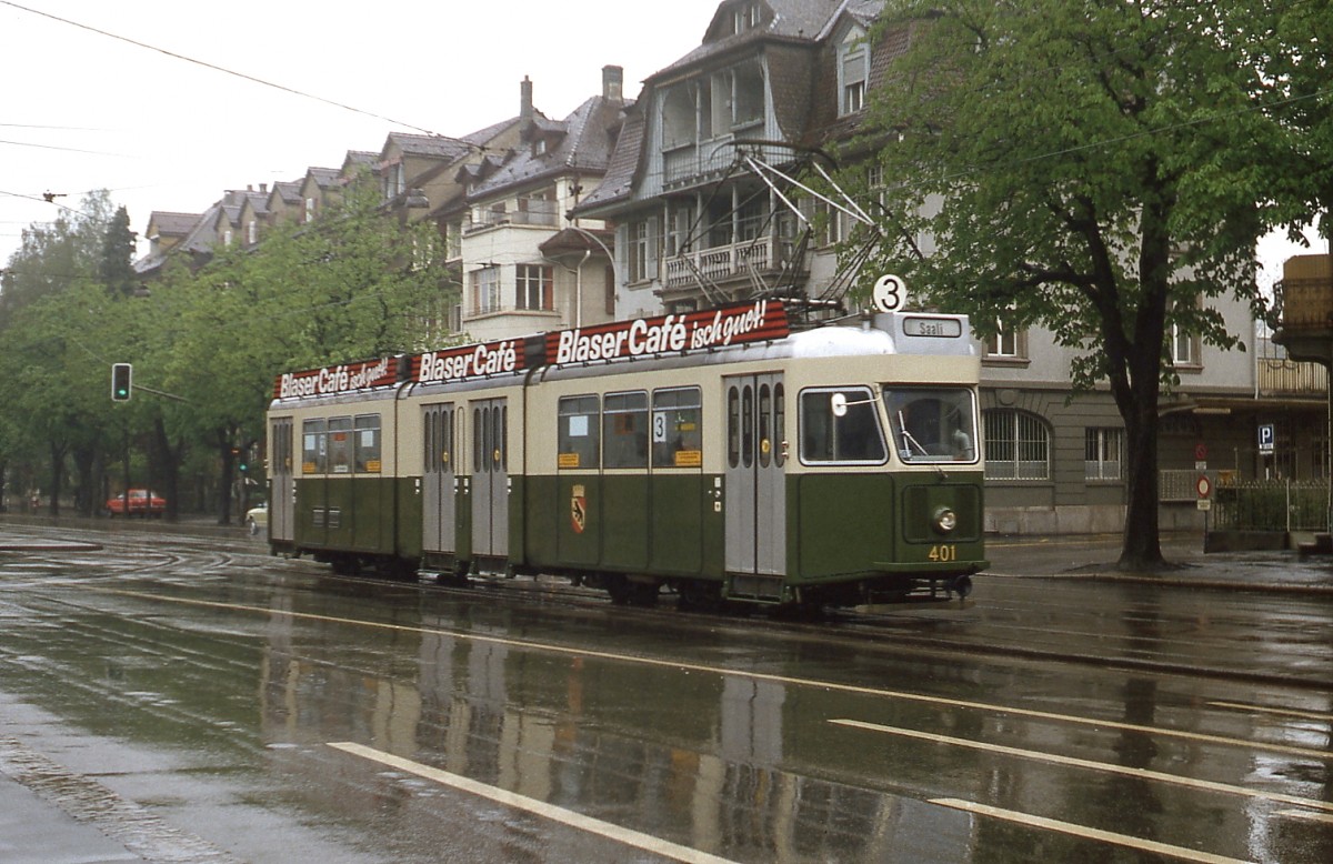 Im Mai 1980 war der 1966 gebaute Gelenkwagen-Prototyp Be 4/4 401 auf der Linie 3 eingesetzt. Dieses Einzelstck wurde bereits 1990 ausgemustert.