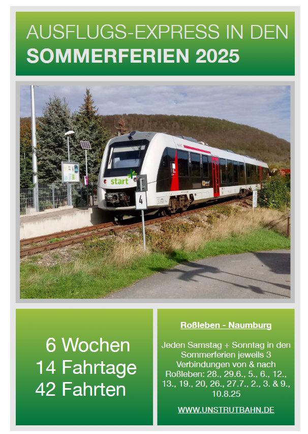 In den Sommerferien vom 28.06. bis zum 10.08.2025 hat die IG Unstrutbahn e.V. jeden Samstag und Sonntag jeweils 3 Z�ge zwischen Ro�leben in Th�ringen und Naumburg (S) in Sachsen-Anhalt organisiert. Dazu werden die Regionalbahnen der Regionalverkehre Start Deutschland GmbH aus Naumburg (S) Ost ab Wangen (U) bis Ro�leben verl�ngert. www.unstrutbahn.de/#zug
