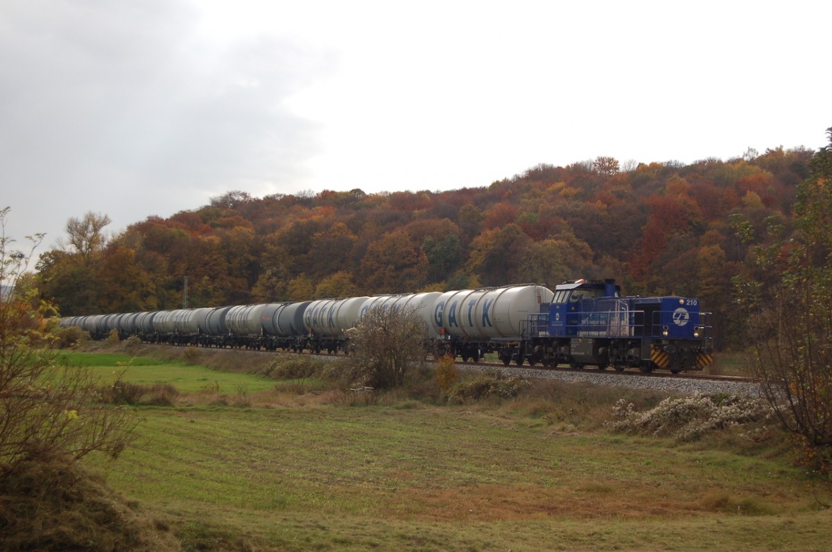InfraLeuna 210 mit dem DGS 95725 von Gro�korbetha nach Karsdorf, am 24.10.2013 bei Kleinjena. Die leeren Kesselwagen geingen zur Abstellung bei der EBS. (Foto: dampflok015)
