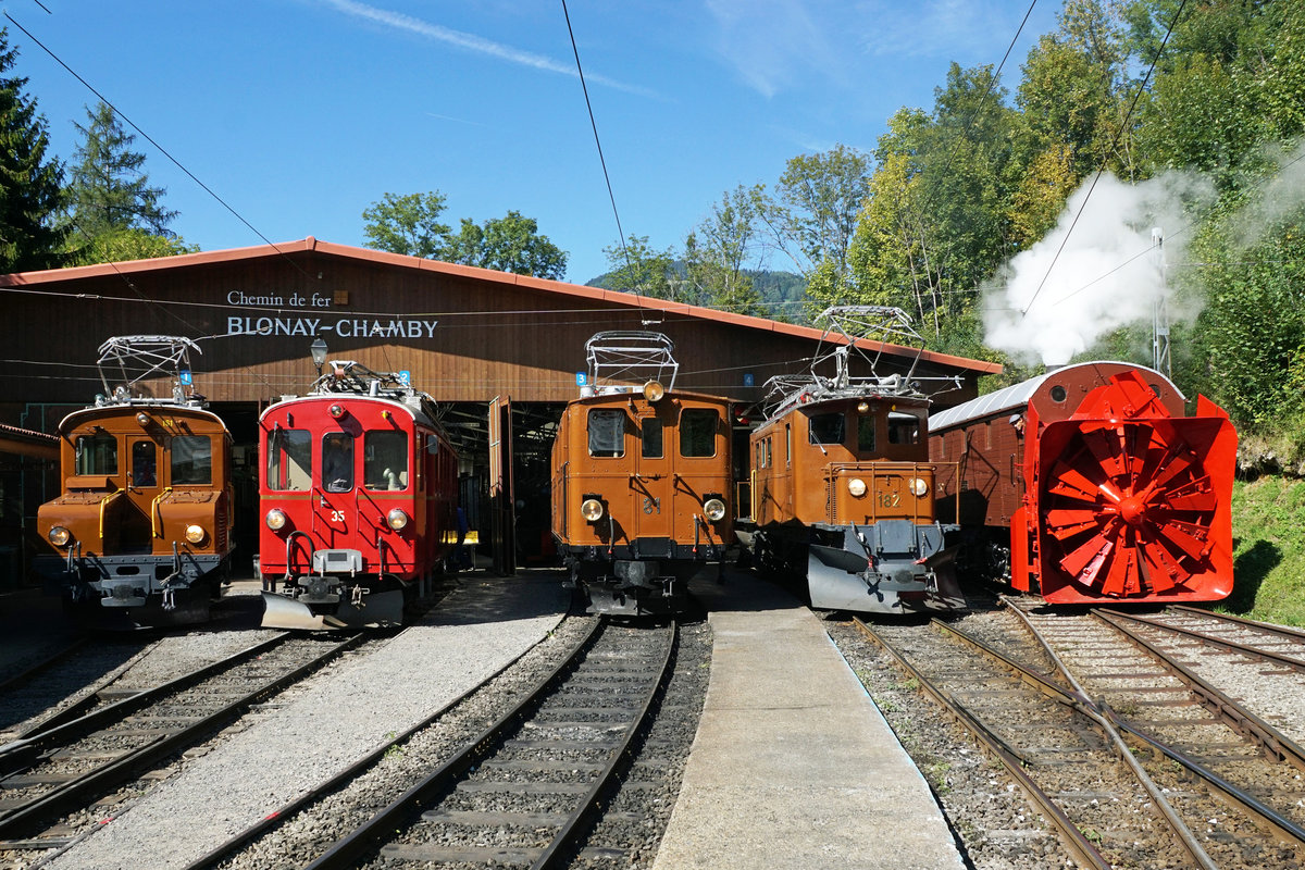 JAHRESRÜCKBLICK 2018
von Walter Ruetsch
Serie Nr. 3
Vom Anfang bis zum Ende der Saison 2018 feierte die Blonay-Chamby-Bahn sein 50 jähriges Bestehen mit einem sehr interessanten und abwechslungsreichen Programm.
Einmalige Fahrzeugparade vor dem Depot-Museum in Chaulin vom 8. September 2018.
Den zahlreichen Festbesuchern wurden folgende RhB-Fahrzeuge präsentiert:
Ge 2/2 161, ABe 4/4 35, Ge 4/4 81, Ge 4/4 182 sowie die Dampfschneeschleuder der Bernina Bahn.


