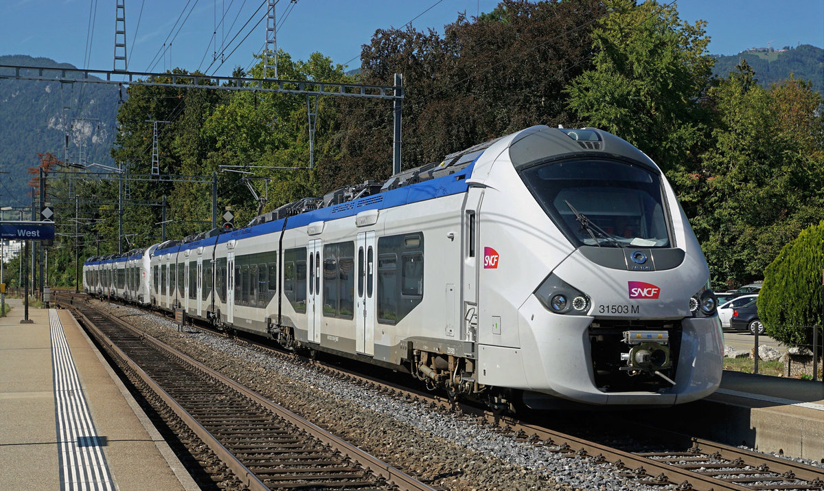 JAHRESRÜCKBLICK 2018
von Walter Ruetsch
Serie Nr. 4
SNCF-Triebzüge 31501/502 und 31504/503 auf Stromabnehmer-Messfahrt bei Solothurn-West am 11. September 2018.
