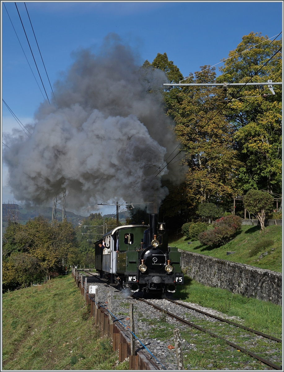 Kräftig dampfend fährt die LEB G 3/3 N° 5 der Blonay Chamby Bahn bei Chaulin in Richtung Chamby. 

28. Okt. 2023 