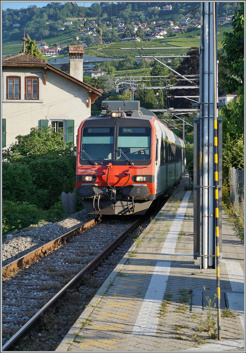 Kurz vor der Ankunft in Vevey erreicht der RBDe 560 Domino von der  Train des Vignes  Strecke kommend auf den kleinen Haltepunkt Vevey Funi. 

20. Juni 2021