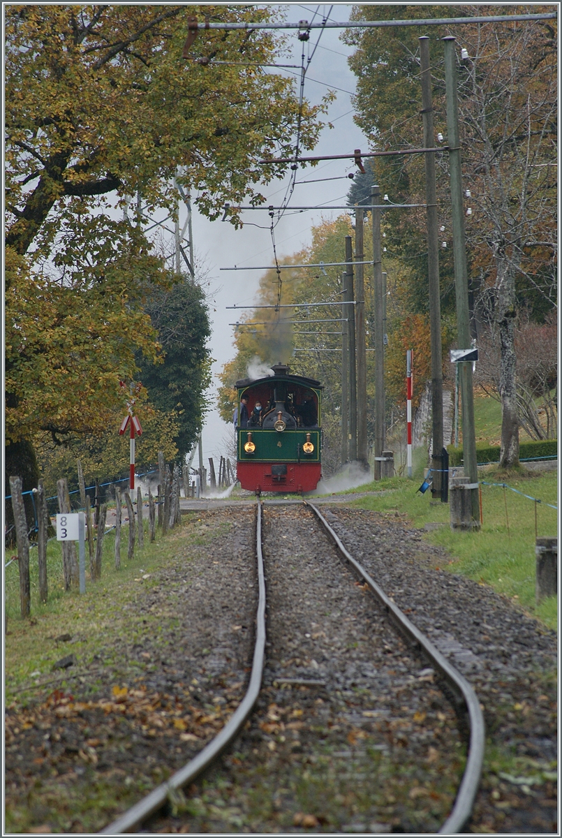 La DER 2021 du Blonay-Chamby - Die G 2/2 N° 4  Rimini  erreicht von Blonay kommend Chaulin. 

30. Oktober 2021