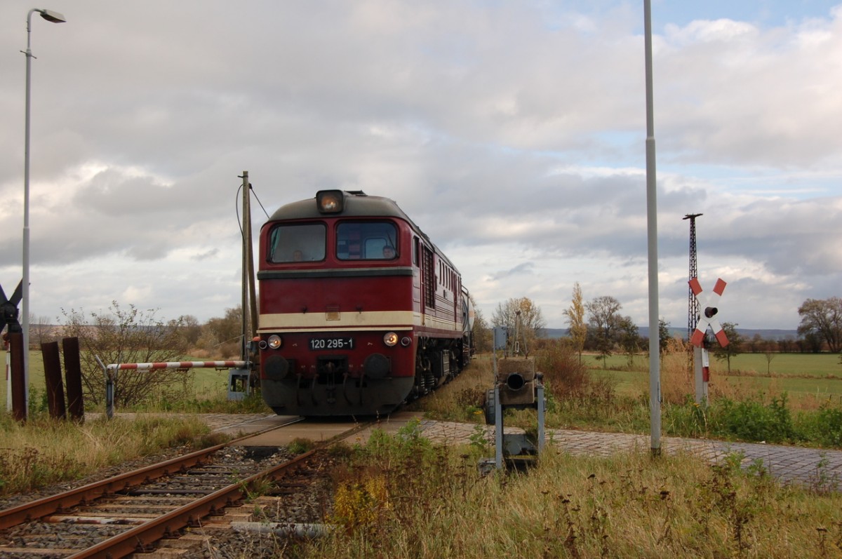 LEG 120 295-1 mit einem Fotog�terzug von Nebra nach Sta�furt, am 12.11.2006 bei der Einfahrt in Donndorf. (Foto: dampflok015)