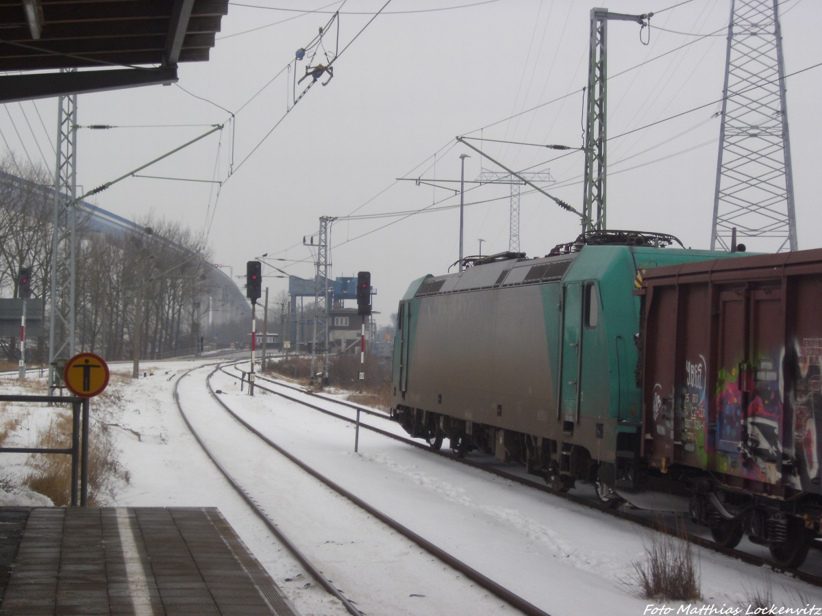 Locon 185 616 abgestellt im Bahnhof Stralsund - Rügendamm, Blick in Richtung Ziegelgrabenbrück  am 28.1.14