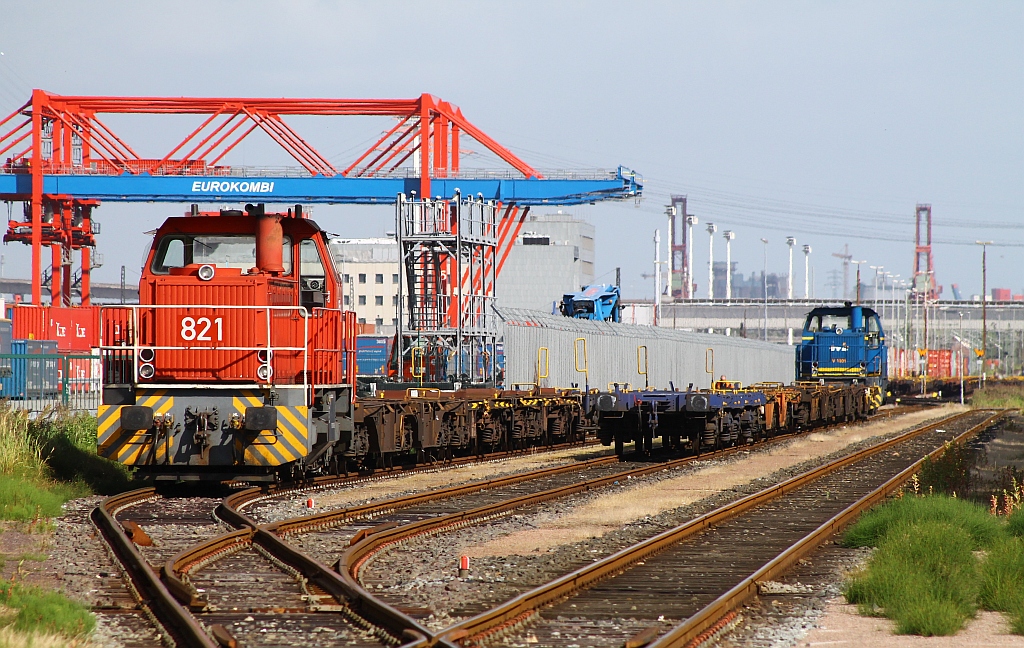MaK G 1203 BB/DE 821/273 004-8 der Dortmunder Eisenbahn vermietet an die TWE steht hier zusammen mit der MaK G 1203 BB/EVB/MWB V 1001/273 007-1 abgestellt in Dradenau am Containerterminal. HH-Dradenau 29.06.2013