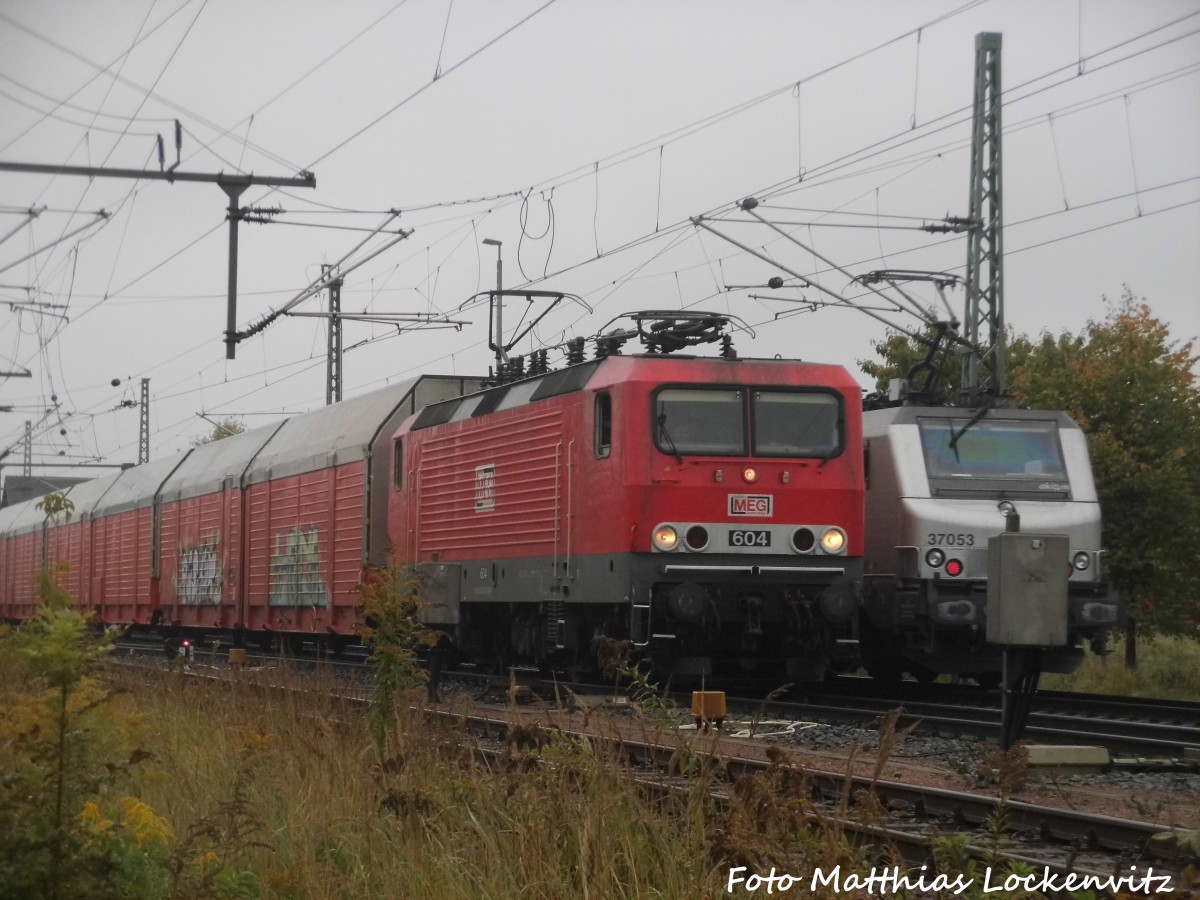 MEG 604 mit einem Güterzug kurz hinte dem Bahnhof Delitzsch unt Bf am 14.10.15