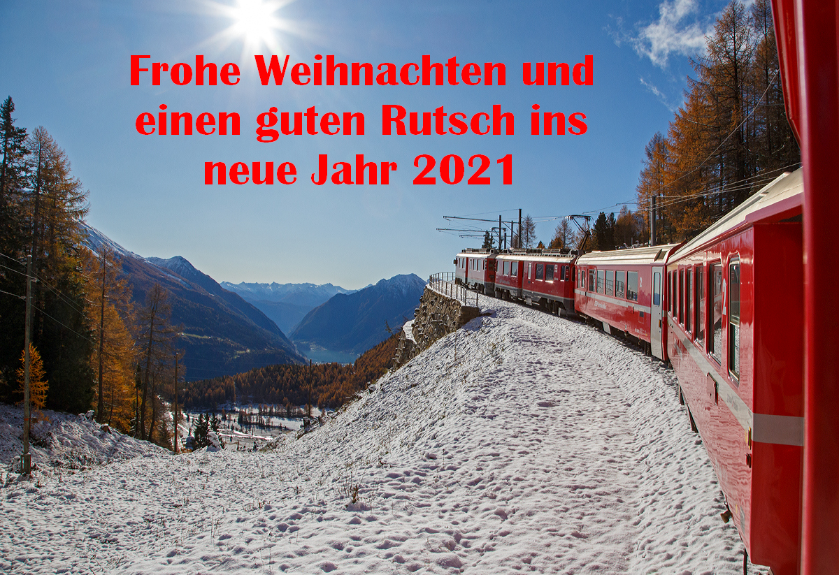 
Meine besten Weihnachtswüsche an alle.........
Bleibt alle gesund. Ja dieses Jahr besinnen wir uns alle vielleicht doch etwas mehr auf das wichtigste und das ist einfach die Gesundheit.

Zum Bild:
Auf der Rückfahrt, bei bestem Kaiserwetter....
Geführt von den beiden RhB ABe 4/4 III Triebwagen Nr. 53  Tirano  und Nr. 54  Hakone  erreicht am 04.11.2019 unser RhB Regionalzug, von Tirano nach St. Moritz, bald Alp Grüm.

Unten im Tal (Puschlav) sieht man den Lago di Poschiavo (dt. Puschlaversee).
